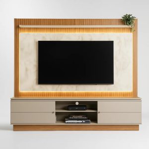 Estante Home Saragoça com Iluminação em LED e Ripado – Nature e Off White – Suporte para TV até 75"