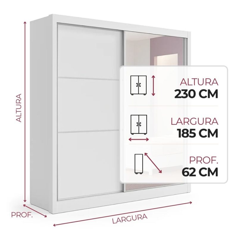 Guarda roupa com espelho 2 portas 3 gavetas Athenas Branco Guarda-roupa com espelho 2 portas 3 gavetas Athenas Branco - 185x230