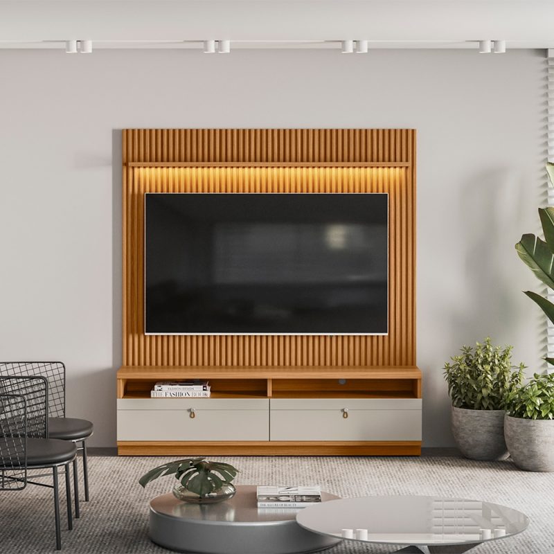 conjunto rack painel ouro preto 1 Conjunto Rack com Painel Catalunha 1,80 m para TV até 75” – MDP/MDF, Painel Ripado, 2 Gavetas e Puxadores em Couro