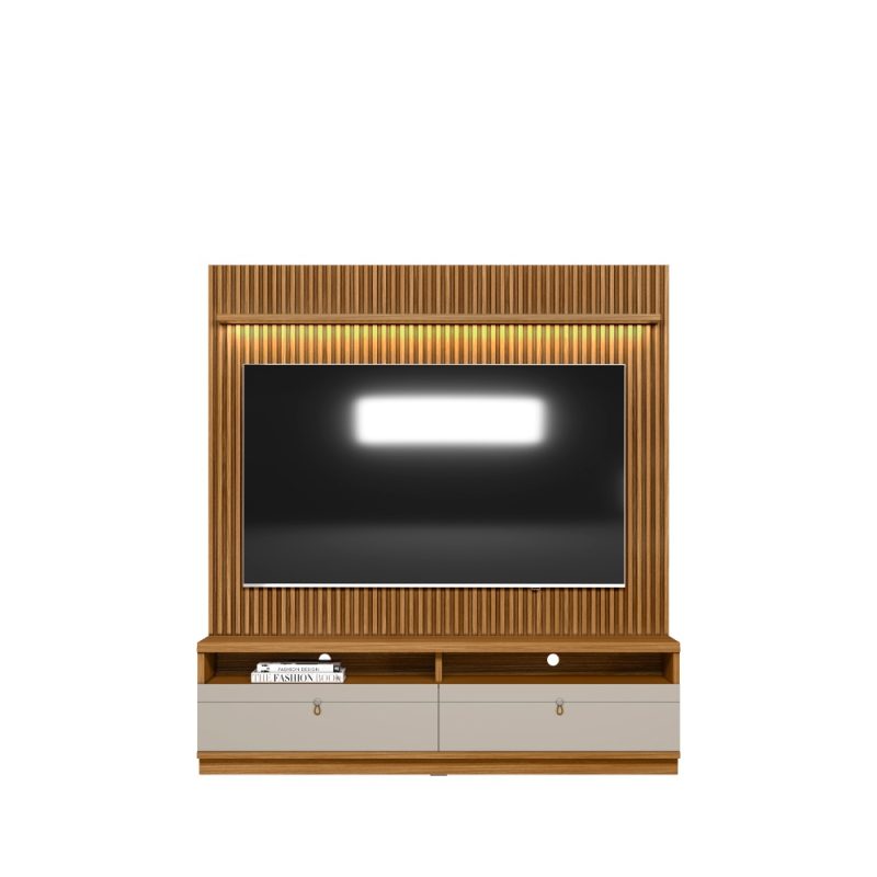 conjunto rack painel ouro preto Conjunto Rack com Painel Catalunha 1,80 m para TV até 75” – MDP/MDF, Painel Ripado, 2 Gavetas e Puxadores em Couro