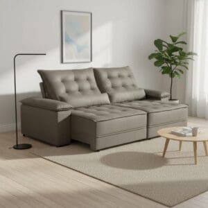 Sofá Retrátil e Reclinável Coral – Veludo Cinza – 2,50 m – Espuma D28 Certificada e Estrutura Reforçada