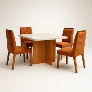 Mesa de jantar marmorizada Dallas 90x90 com 4 cadeiras de Boucle Terracota