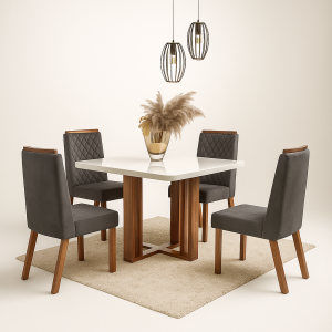 Mesa Segovia Off White com 4 cadeiras Veludo Grafite