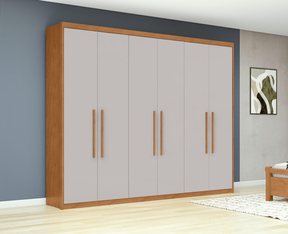 GR ARIES AC OW Guarda-Roupa 6 Portas 5 Gavetas Sollo 244x233 - Amendoa/Off White