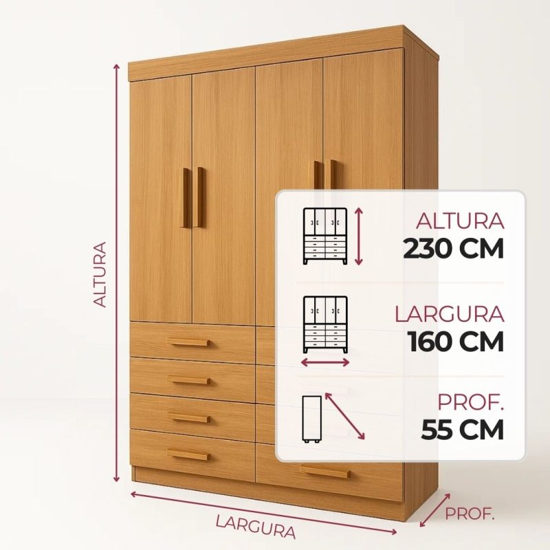 Guarda roupa Austin 4 portas 8 gavetas cinamomo Guarda-roupa 4 portas 8 gavetas Austin Cinamomo - 160x230