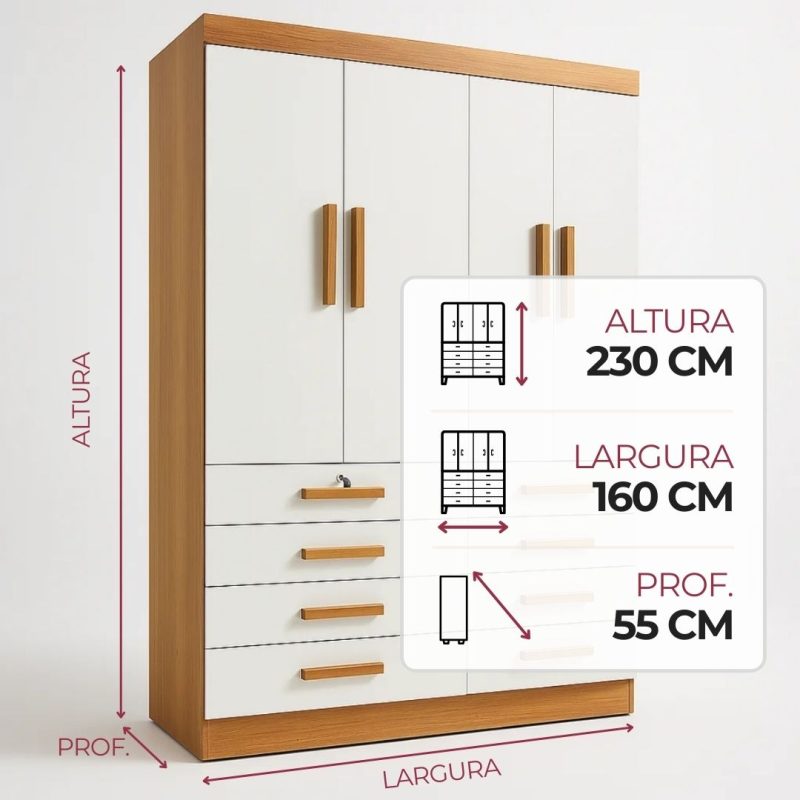 Guarda roupa Austin 4 portas 8 gavetas cinamomo off white Guarda-roupa 4 portas 8 gavetas Austin Cinamomo/Off White - 160x230