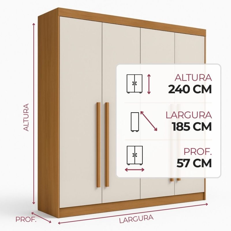 Guarda roupa Detroit 4 portas cinamomo off white Guarda-roupa Ripado 4 portas 3 gavetas Detroit - Cinamomo/Off White - 185x240