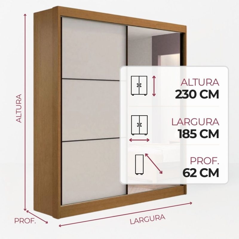 Guarda roupa com espelho 2 portas 3 gavetas Athenas Cinamomo Off White Guarda-roupa com espelho 2 portas 3 gavetas Athenas Cinamomo/Off White - 185x230