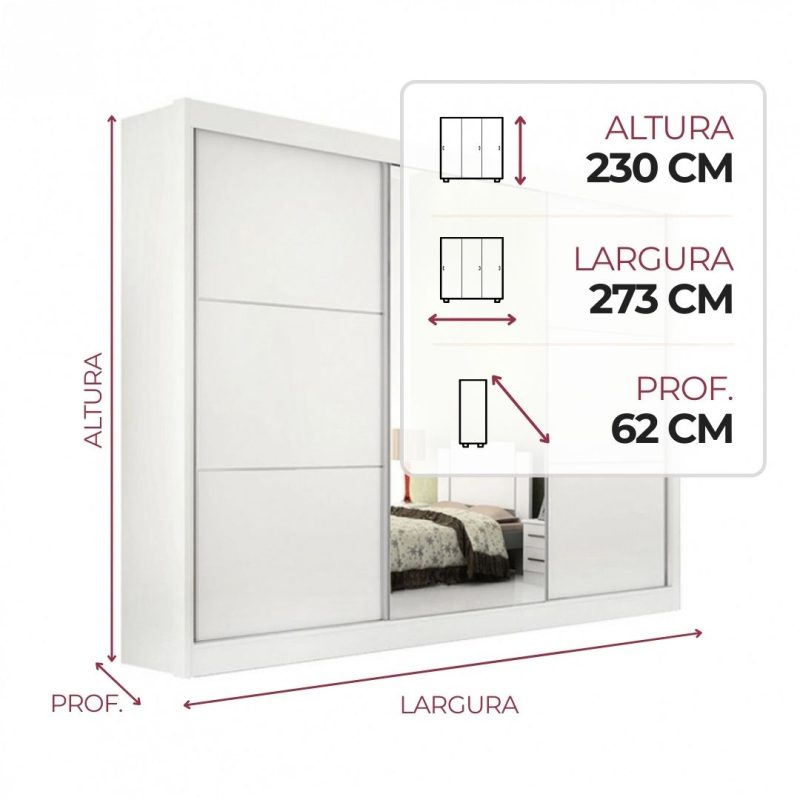 Guarda roupa com espelho 3 portas 6 gavetas Los Angeles Branco Guarda-roupa com espelho 3 portas 6 gavetas Los Angeles Branco - 2,73x230