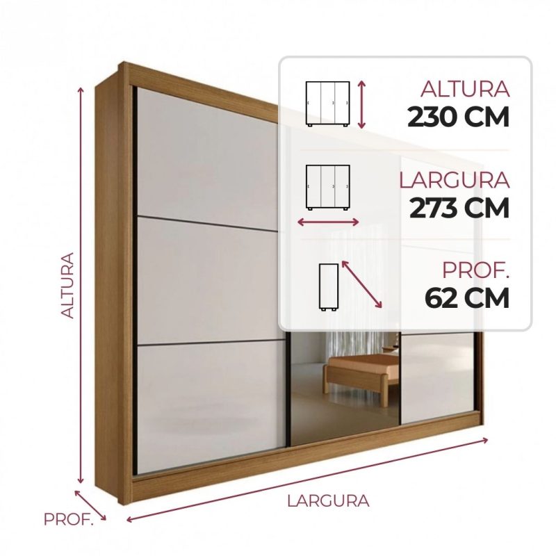 Guarda roupa com espelho 3 portas 6 gavetas Los Angeles Cinamomo Off White Guarda-roupa com espelho 3 portas 6 gavetas Los Angeles Cinamomo Off White - 273x230
