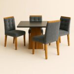 Mesa de Jantar Porto Naturale/Off com 4 cadeiras veludo luxo cinza