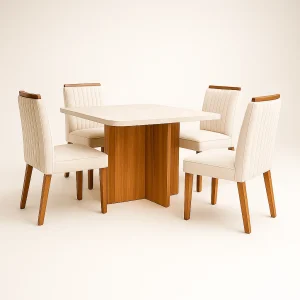 Mesa de jantar marmorizada Dallas 90x90 com 4 cadeiras de Boucle Branco