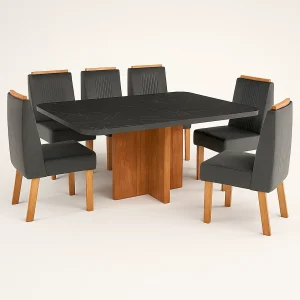 Mesa de jantar marmorizada Texas 180x90 com 6 cadeiras de couro preto
