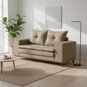 Sofá de 2 Lugares Zafira 160 cm – Linho Marrom, Espuma D28 Soft e Base em Madeira Imbuia Mel