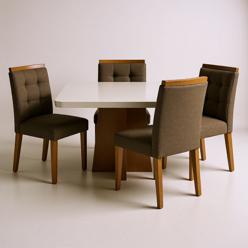 qwen image edit Total focus on reali 2 Mesa de Jantar Porto Off White com 4 cadeiras veludo luxo marrom