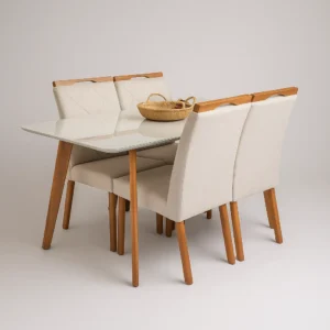 Mesa com vidro Medelin 120x80 com  4 cadeiras Imperatriz bege