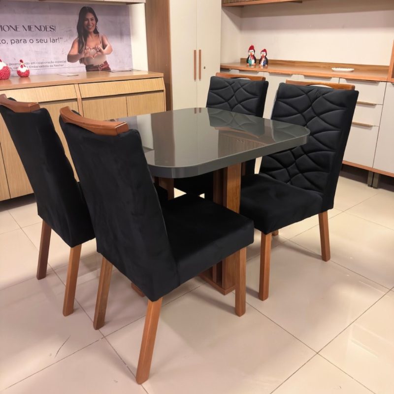 1 5 Mesa de Jantar Segovia 90x90 em MDF com 4 Cadeiras Evora (Madeira Maciça, Linho Grafite) – Tampo em Vidro 4 mm