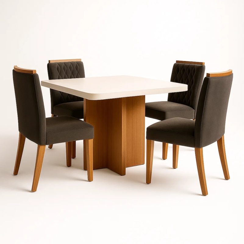 Untitled design 3 Mesa de Jantar Dallas 90x90 com 4 Cadeiras Arizona