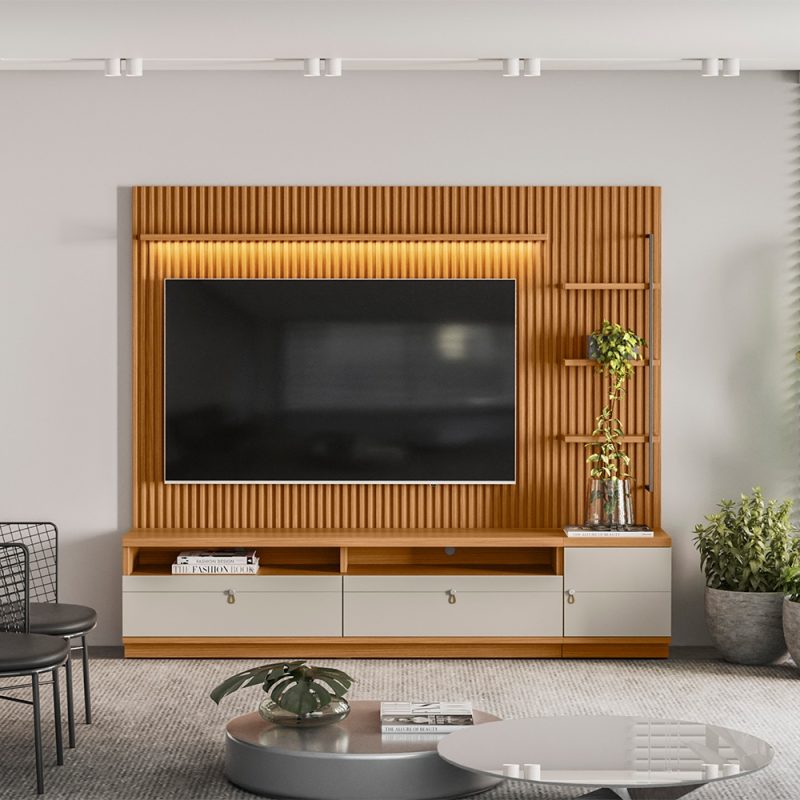 conjunto rack painel 1 modulo lateral ouro preto 1 Conjunto Rack + Painel + Módulo Lateral Catalunha 2,24 m para TV até 75” – MDP/MDF, Painel Ripado e LED