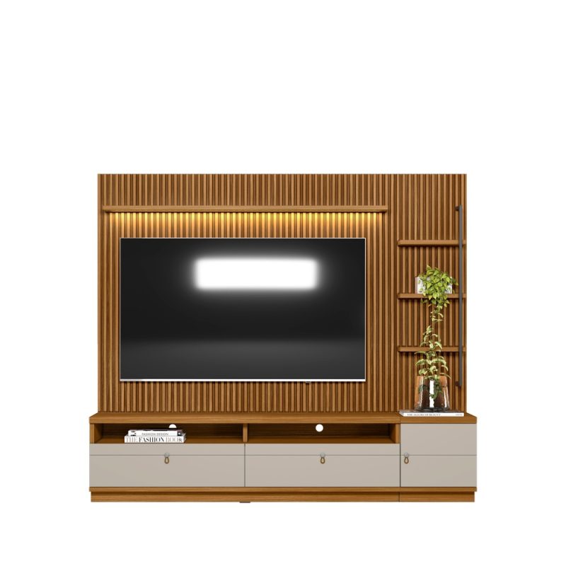 conjunto rack painel 1 modulo lateral ouro preto Conjunto Rack + Painel + Módulo Lateral Catalunha 2,24 m para TV até 75” – MDP/MDF, Painel Ripado e LED