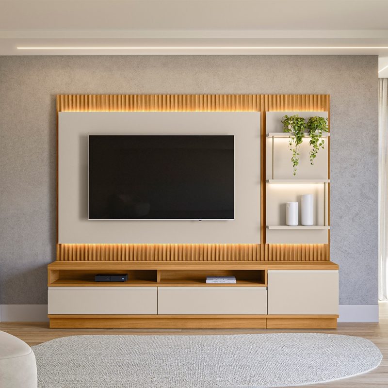 conjunto rack painel 1 modulo lateral sao paulo 1 Conjunto Rack + Painel + 1 Módulo Lateral Baeza 2,38 m para TV até 70” – MDP/MDF com Painel Ripado e LED