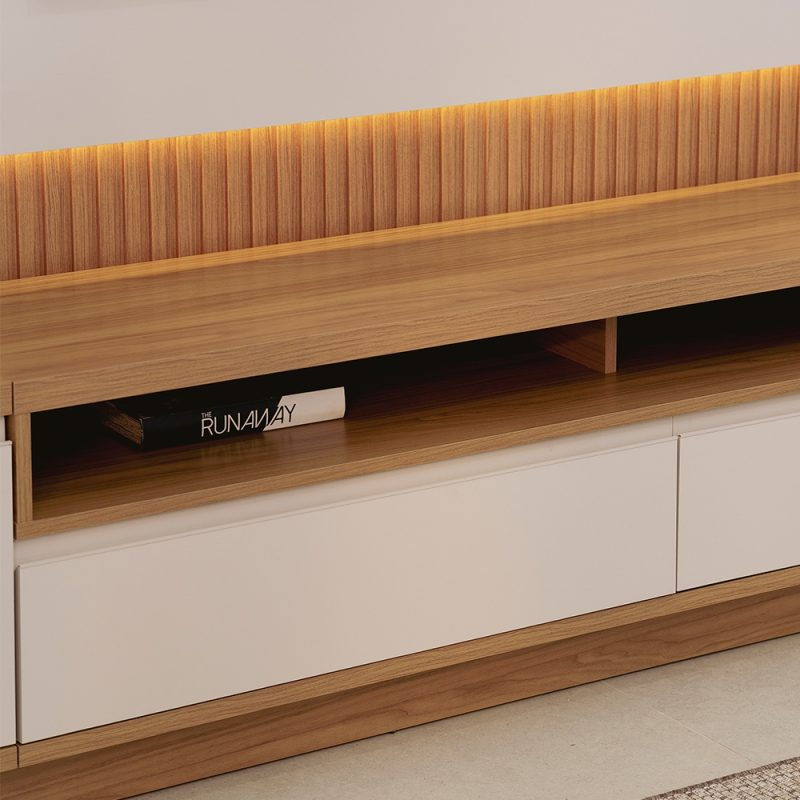 conjunto rack painel 1 modulo lateral sao paulo 3 1 Conjunto Rack + Painel + 2 Módulos Laterais Baeza 2,97 m para TV até 70” – Painel Ripado com LED em MDP/MDF