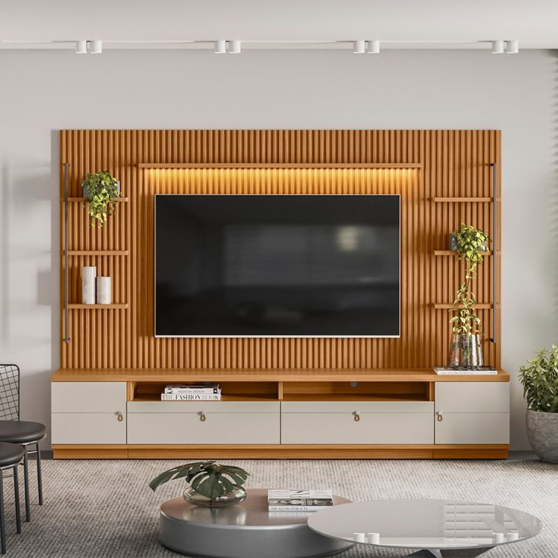 conjunto rack painel 2 modulo lateral ouro preto 1 Conjunto Rack + Painel + 2 Módulos Laterais Catalunha 2,68 m para TV até 75” – MDP/MDF, Painel Ripado e LED