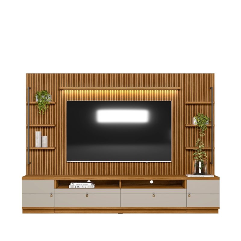 conjunto rack painel 2 modulo lateral ouro preto Conjunto Rack + Painel + 2 Módulos Laterais Catalunha 2,68 m para TV até 75” – MDP/MDF, Painel Ripado e LED