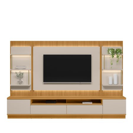 Conjunto Rack + Painel + 2 Módulos Laterais Baeza 2,97 m para TV até 70” – Painel Ripado com LED em MDP/MDF