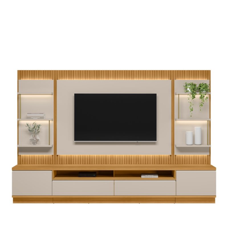 conjunto rack painel 2 modulo lateral sao paulo Conjunto Rack + Painel + 2 Módulos Laterais Baeza 2,97 m para TV até 70” – Painel Ripado com LED em MDP/MDF