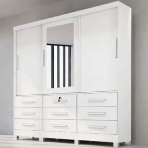 Guarda-Roupa Casal Athenas – 3 Portas de Correr – 9 Gavetas – Branco – 1,80 m – Com Espelho